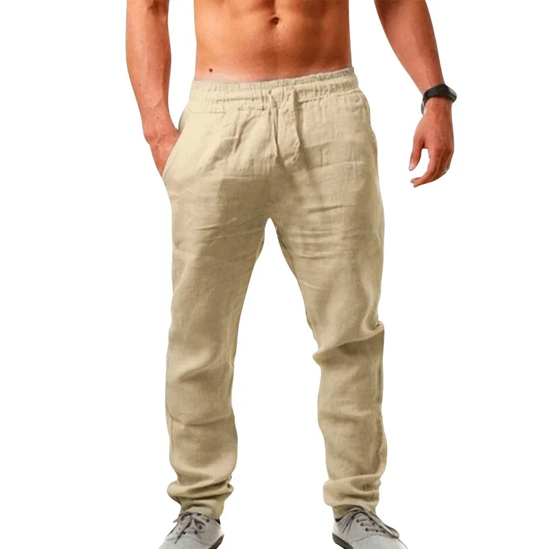 Pants Streetwear Men'S Cotton Linen Pants Summer Solid Color Breathable Linen Trousers Male Casual Elastic Waist Fitness