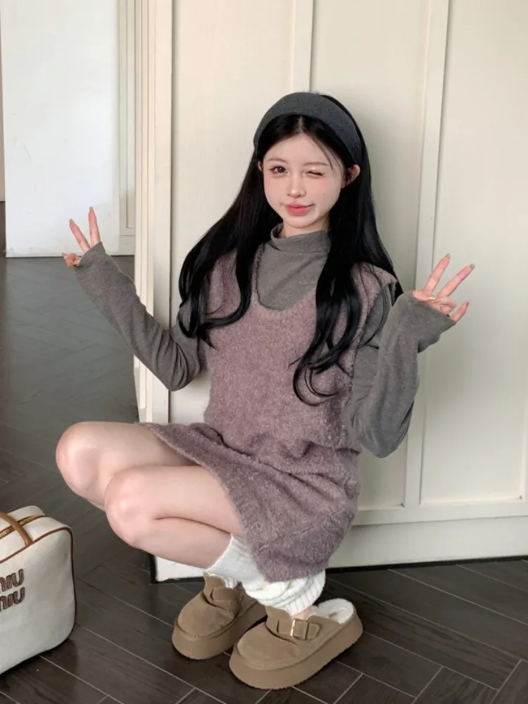 Элегантное круглое меховое фиолетовое платье-жилет во французском стиле женское