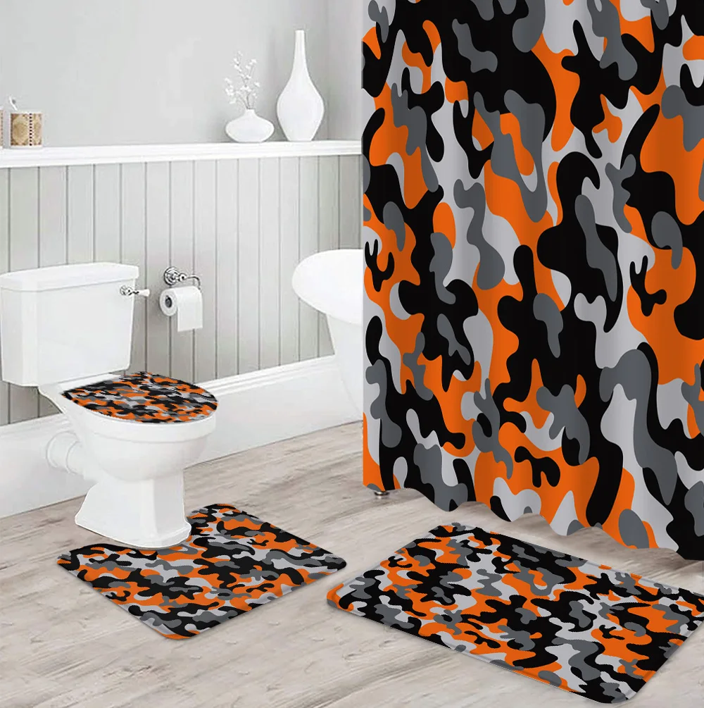 

Камуфляжная серая оранжевая Красивая пляжная занавеска для душа с принтом, ковер, крышка для туалета, коврик для ванной комнаты, домашняя