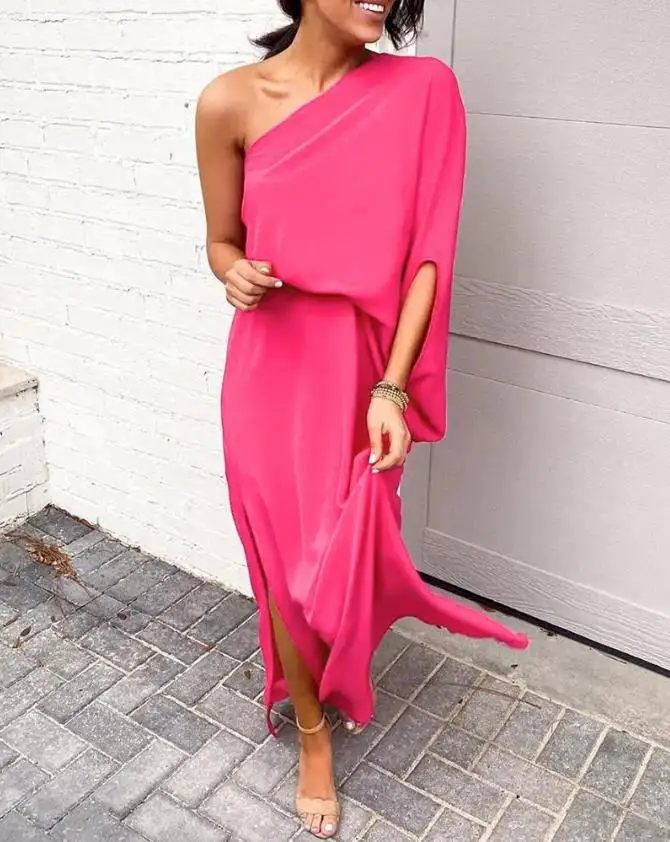 

Women's Dresses 2022 Summer Rose Red One Shoulder Casual Batwing Sleeve Long Sleeve Tropical Print Maxi Long Slit Vacation Dress