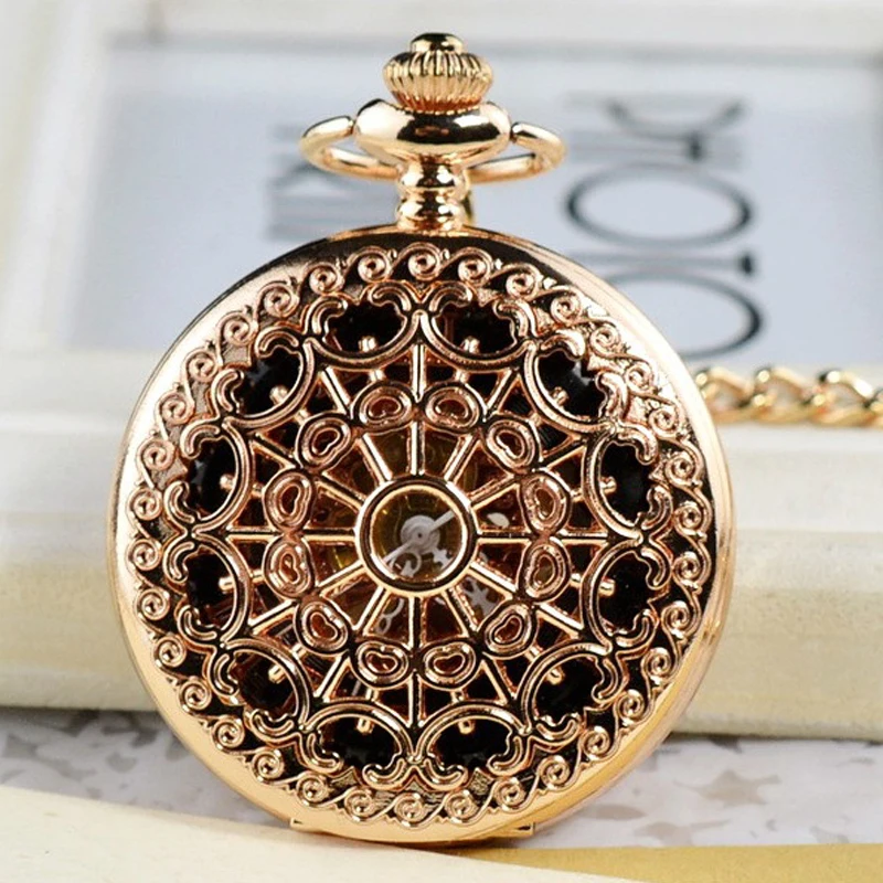 Luxury Mechanical Vintage Black Hollow Flower Pocket Watch for Men Women Man Skeleton Roman Numeral Dial Fob Chain Pendant Clock