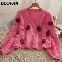 duofan sweaters cardigan female strawberries 3d embroidery women knitted sweater autumn korean sweet kawaii v neck mujer tops