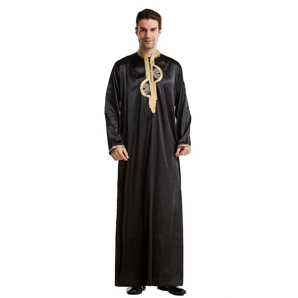 Abaya For Men Muslim Spring Summer Arab Islam Pakistan Robe Upright Collar Embroidery Pure Color Robe Muslim Men Clothing