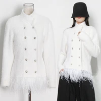 korean patchwork feather coats for female stand collar long sleeve double breasted womens coat 2022 autumn clothes