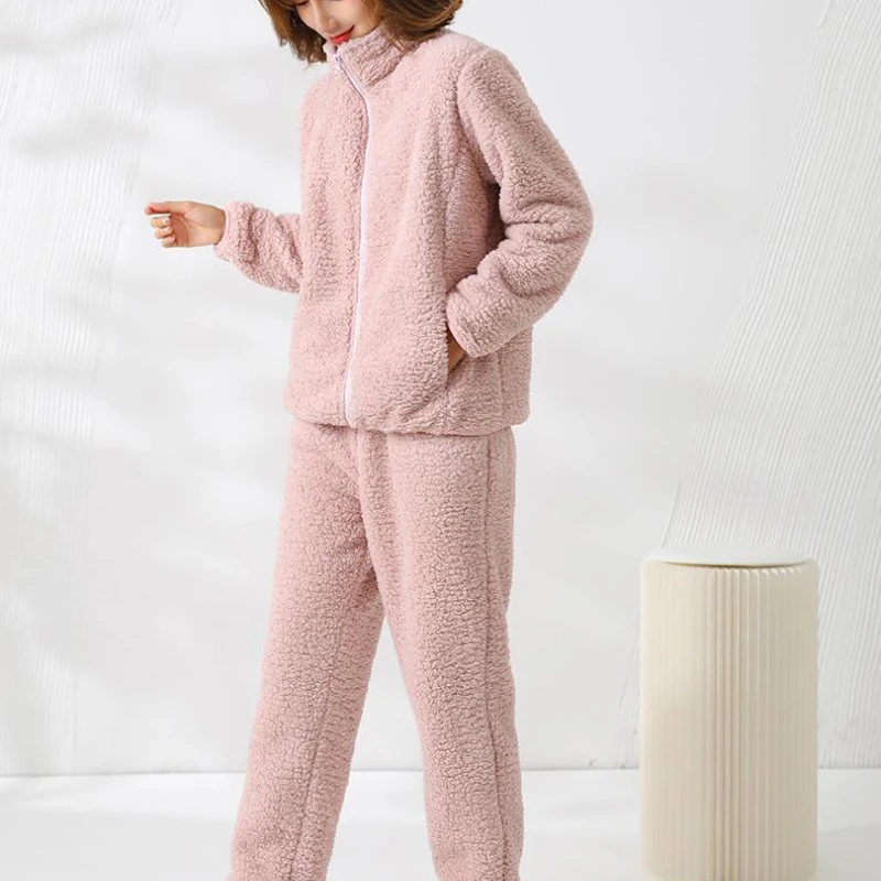 New Winter Women's Cashmere Pajama Suit Warm Long Sleeved Shirt Trousers Korean Fashion Solid Color Basic Household Clothes