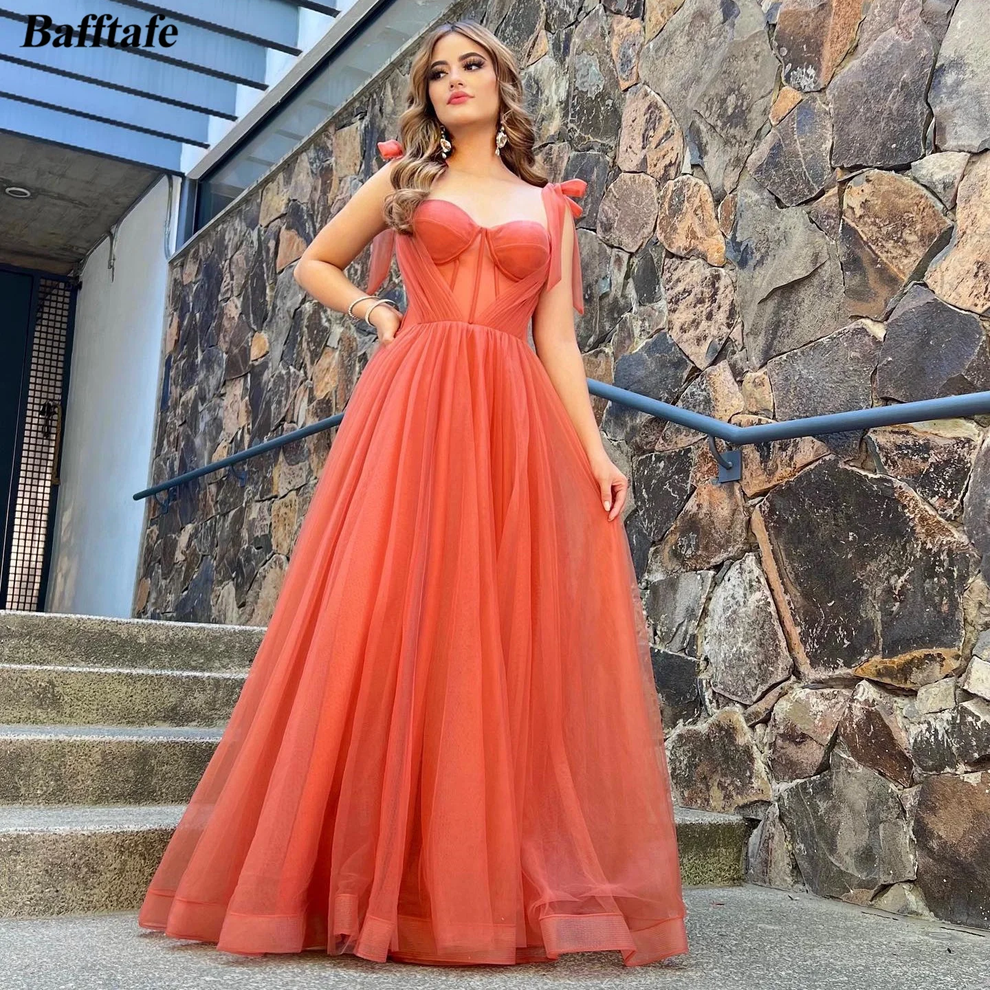 

Bafftafe Simple A Line Soft Tulle Women Prom Gowns Tied Straps See Through Top Evening Dresses Special Occasion Celebrity Dress