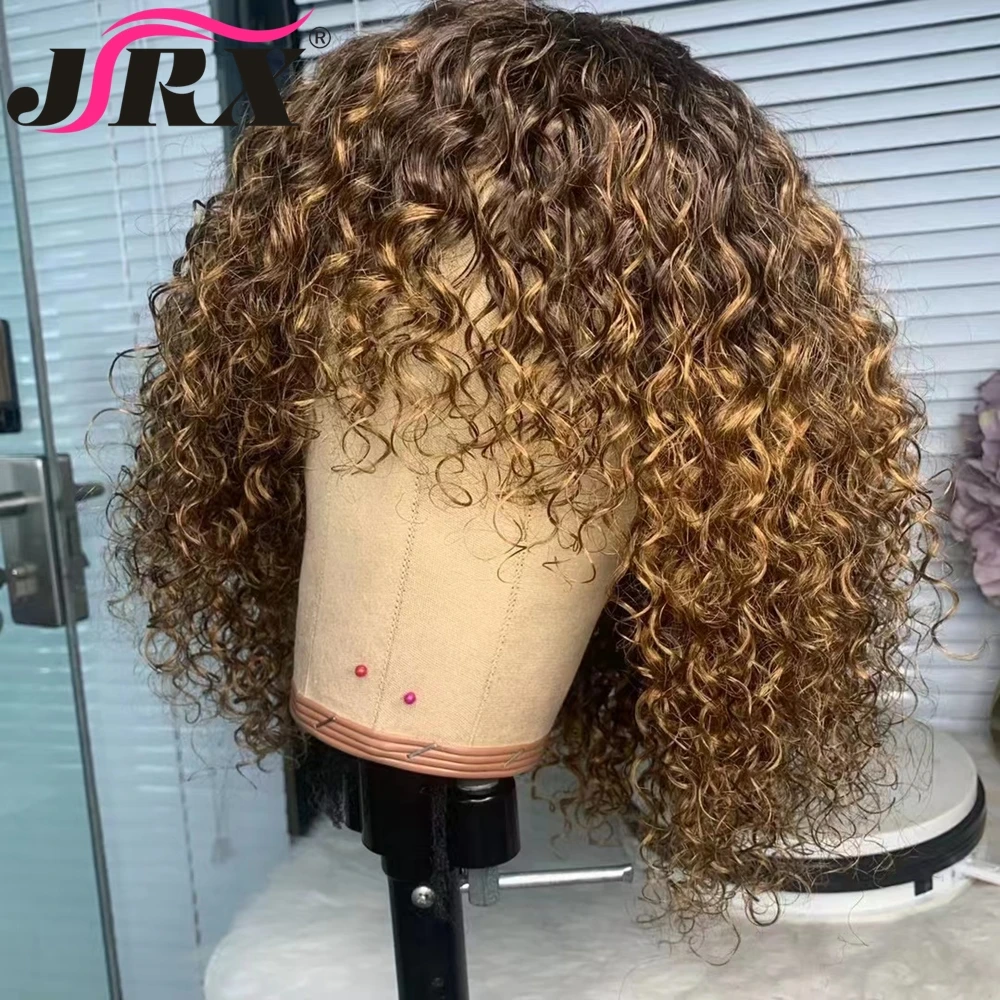 Highlight Short Bob Jerry Curly Human Hair Wigs with Bangs Honey Blonde Color Full Machine Made Wigs for Women Remy Fringe Wigs