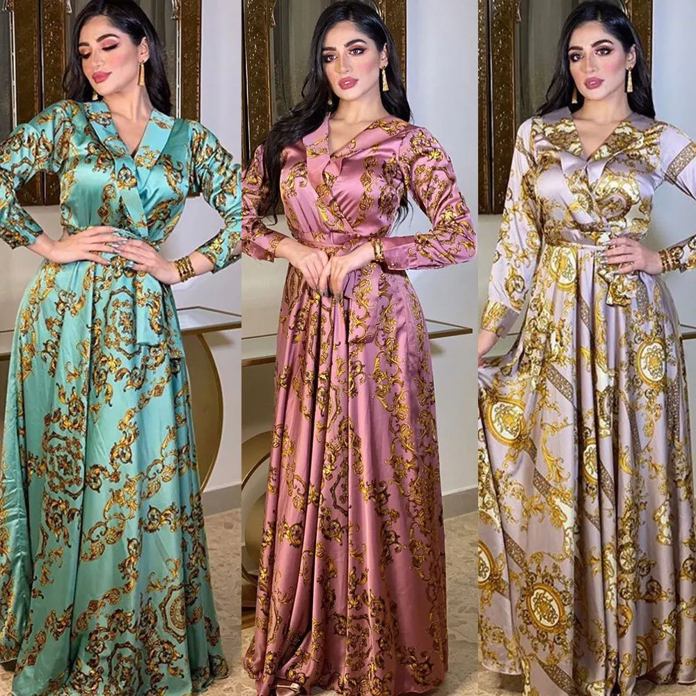 Autumn Modest Muslim Dress Elegant Evening Party Gowns Dubai Middle East Long Sleeves Vintage Printing Maxi Dresses Abaya Robe