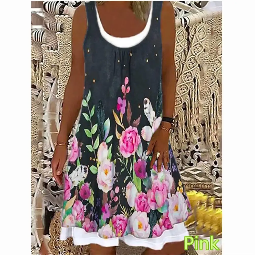 

Women's Flower Fake Two-piece Printed Sleeveless Round Neck Dress Loose Plus Size Soft and Comfortable Thin Summer Dress