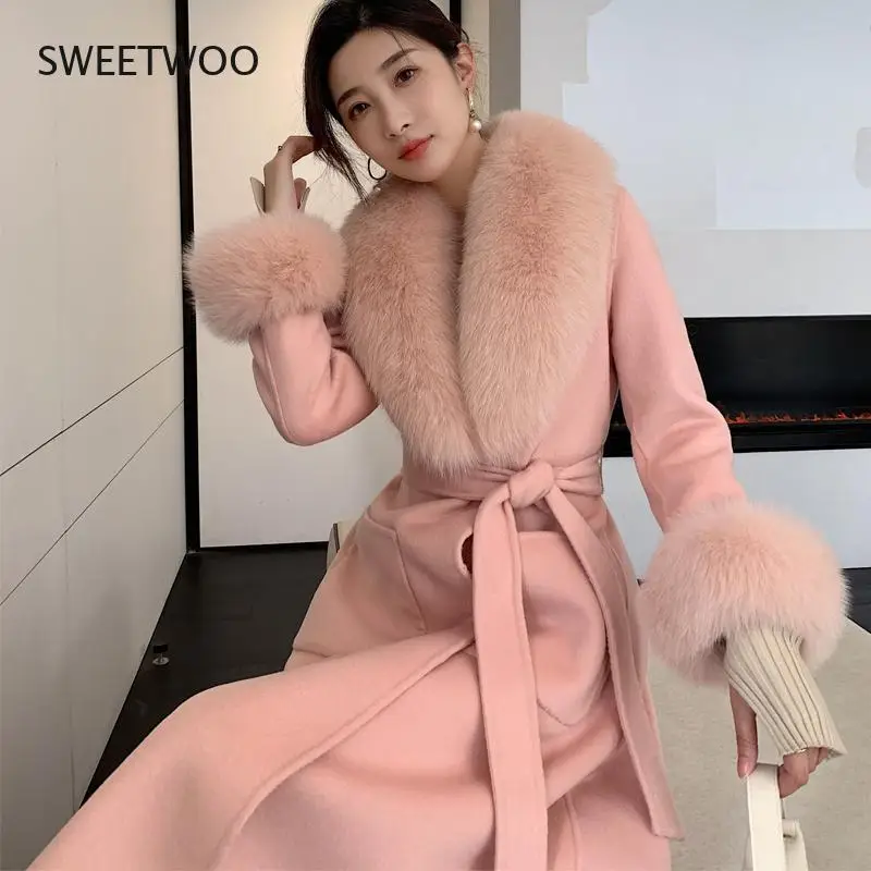 Double Sided faux  Cashmere Coat Fall Winter 2021 New Korean Version faux Fox Big Fur Collar Long Slim White Wool Coat for Women