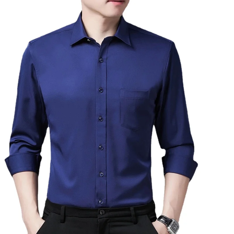 

Men's Classic Stretchy Silky Non-iron Dress Shirt Pocketless Business Office Long Sleeve Standard Fit Wrinkle Free Casual Shirts