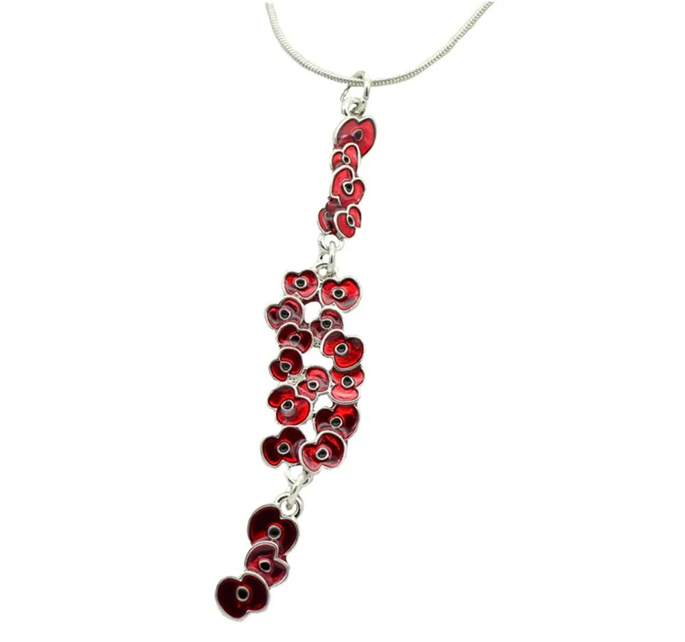 

Винтажный серебристый тональный красный Маковый цветочное ожерелье цепочка ювелирные изделия подарок на день памяти