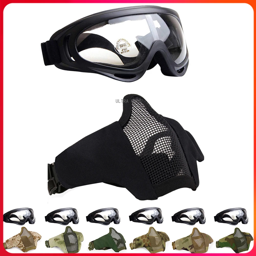 

Tactical Half Face Mask + Goggles Set Airsoft Protective Camo Windproof Masks for Shooting Cs Wargame Combat