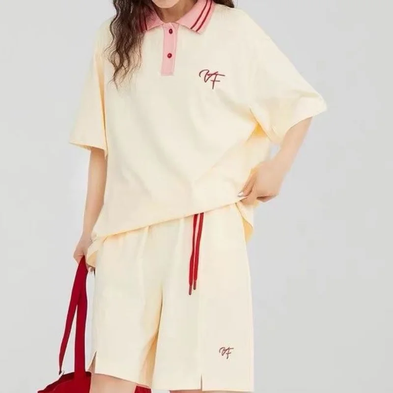 

Summer Casual Sportswear Suit for Women Short Sleeve Clothes Polo Neck Tops Shorts Matching Set Female Letter Blouse Pant Outfit