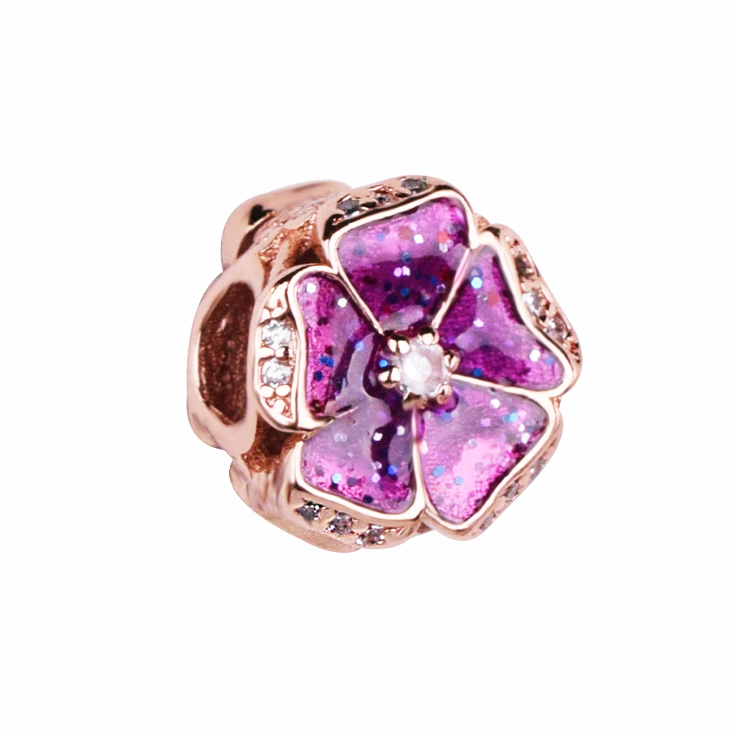 

925 Sterling Silver Bead Beautiful Rose Gold Purple Petal Beads Charms Fit Original Pandora Bracelet Women Jewelry Gift