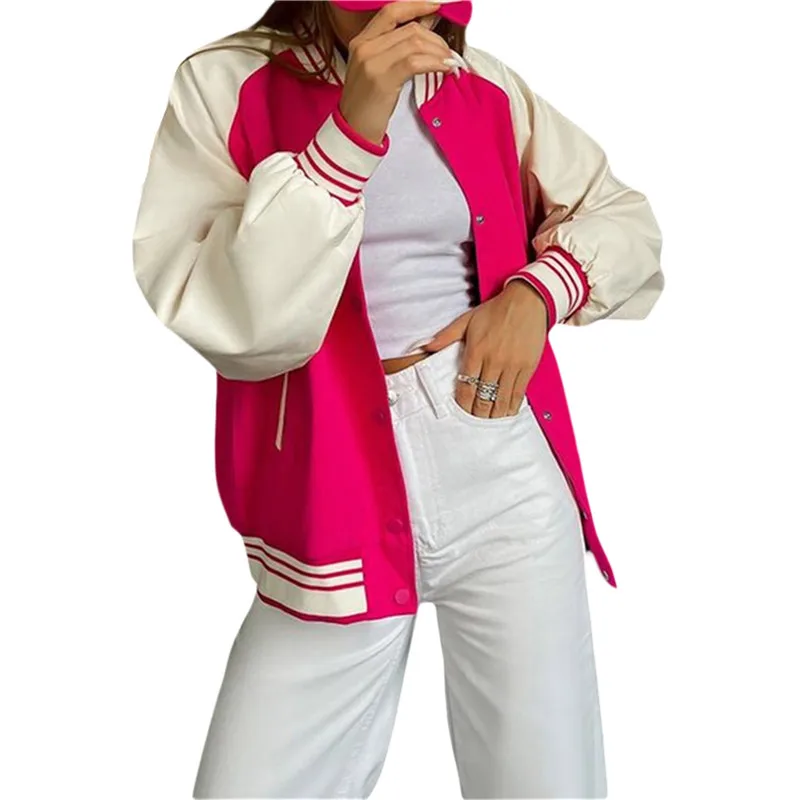 

Women Baseball Oversized Jacket Long Sleeve Patched Color Bomber Coats Y2K 90s Vintage Varsity Streetwear Outerwear for Autumn