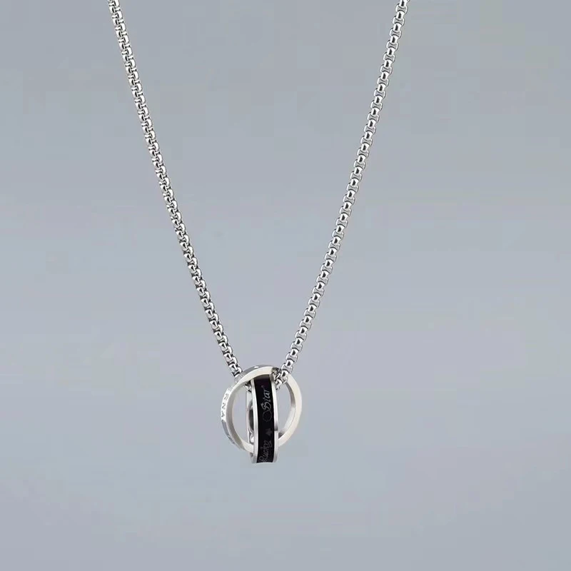 Titanium Steel Colorless Double Ring Necklace for Men and Women Street Hip Hop Ring Pendant Versatile Accessories
