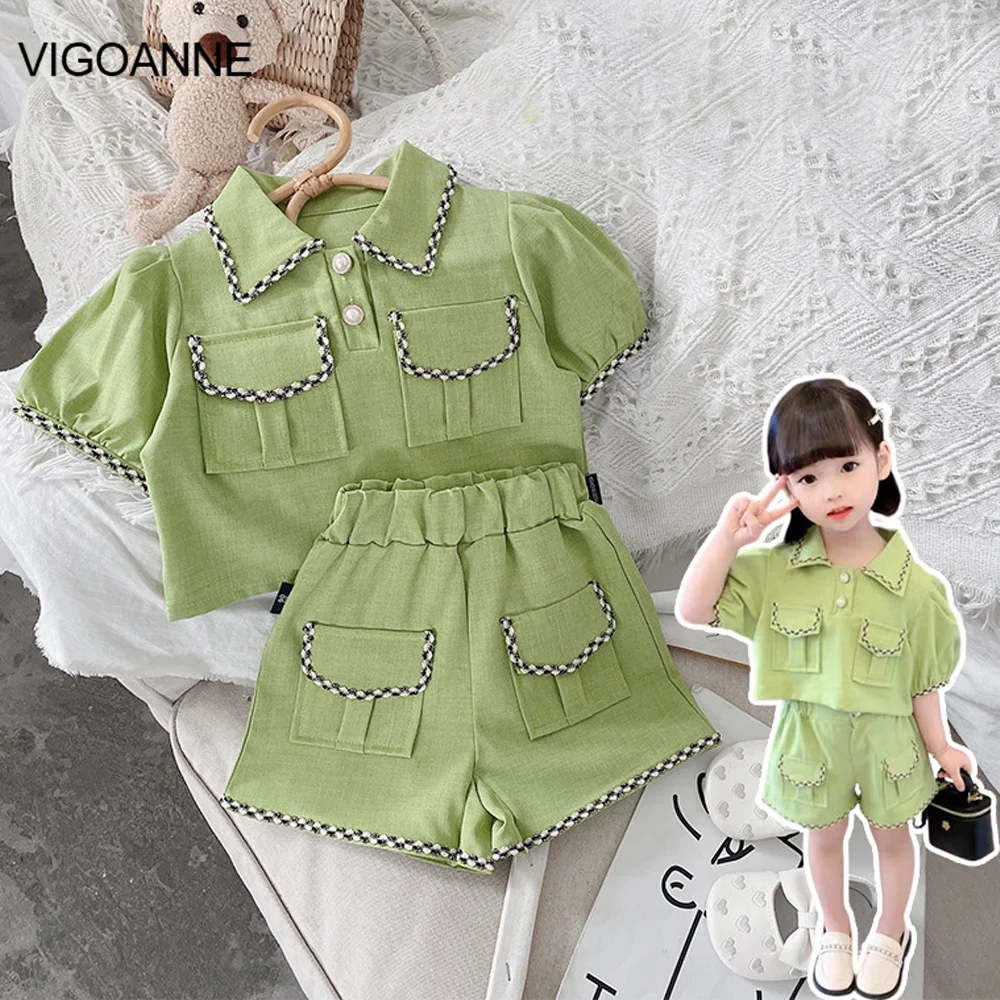

VigoAnne 2022 Girl Summer Set Short Sleeve Top Turndown Collar Solid Tops + Korean Pocket Shorts 2pcs Children Clothes 2-8 Years