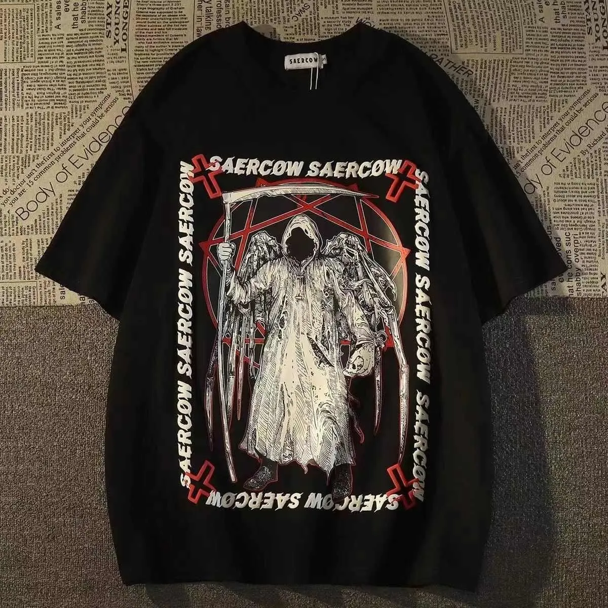 

Summer Women's Clothing TopLetter T-shirt Short Sleeve Y2k Vintage Streetwear loose Tops Tees Hip-Hop High Street Print Skeleton