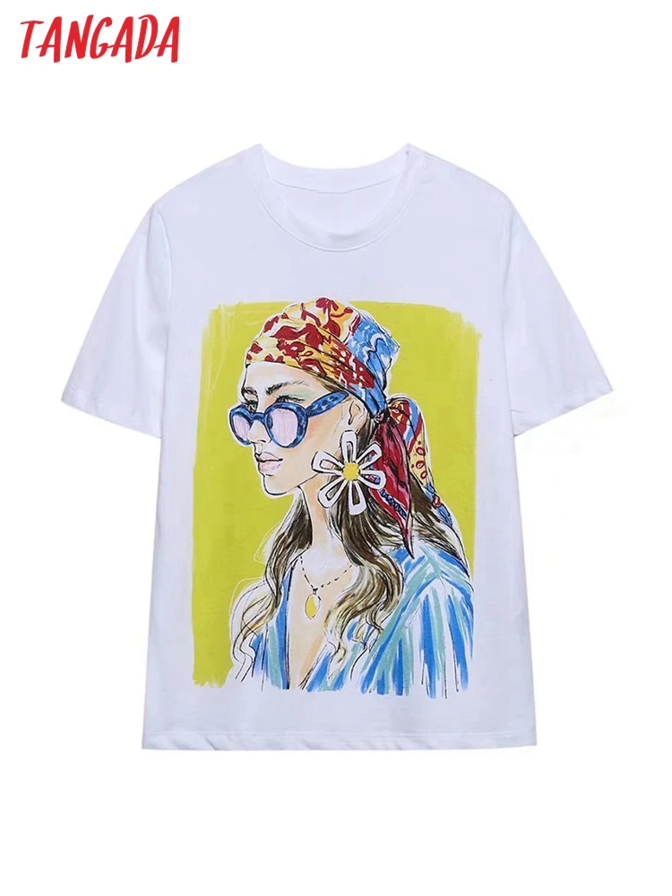

Tangada 2022 Summer Women Girl Print Cotton T Shirt Short Sleeve Ladies Casual Tee Shirt Street Wear Top 6H110