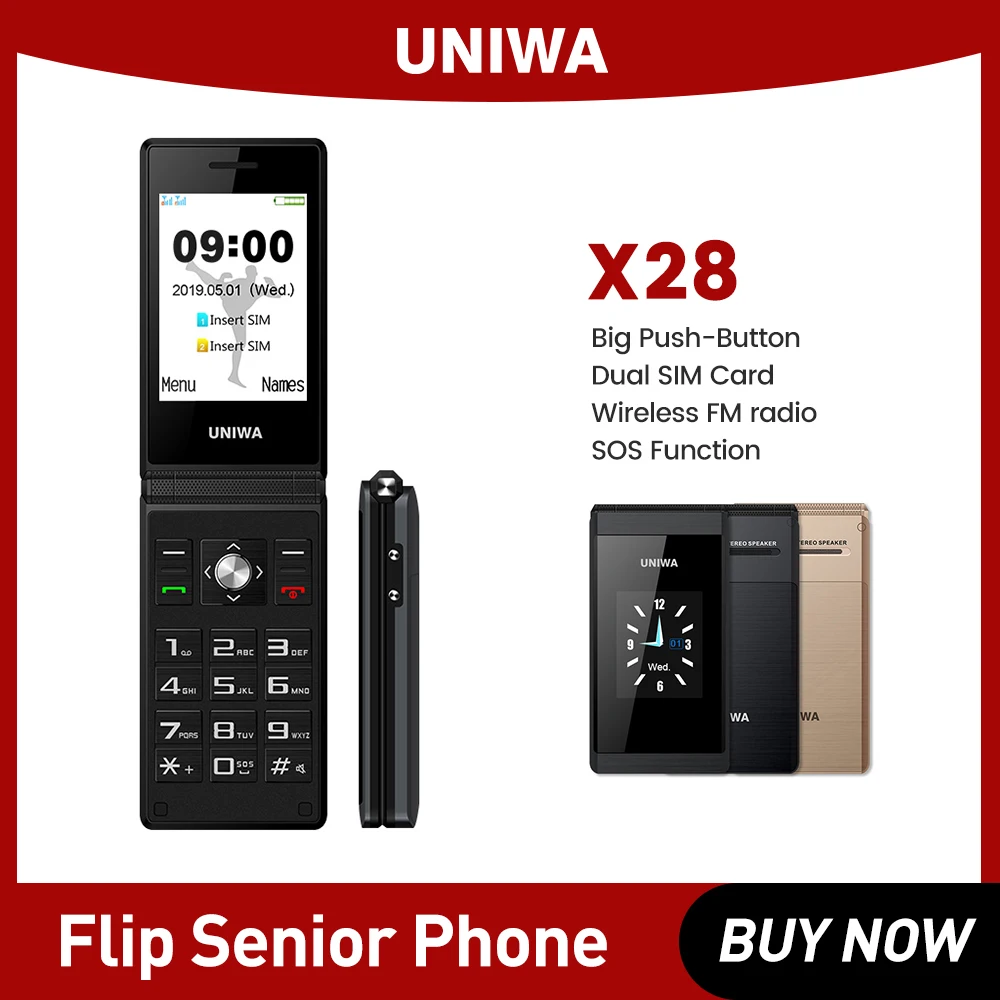 UNIWA X28 Flip Mobile Phone GSM Big Push-Button  Clamshell Cellphone Phone Senior Dual Sim FM Radio Russian Hebrew Keyboard