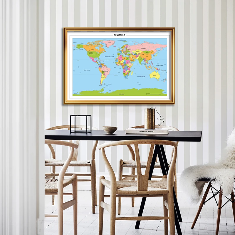 

84*59 cm In Dutch The World Political Map Modern Wall Art Poster Canvas Painting School Supplies Living Room Home Decoration