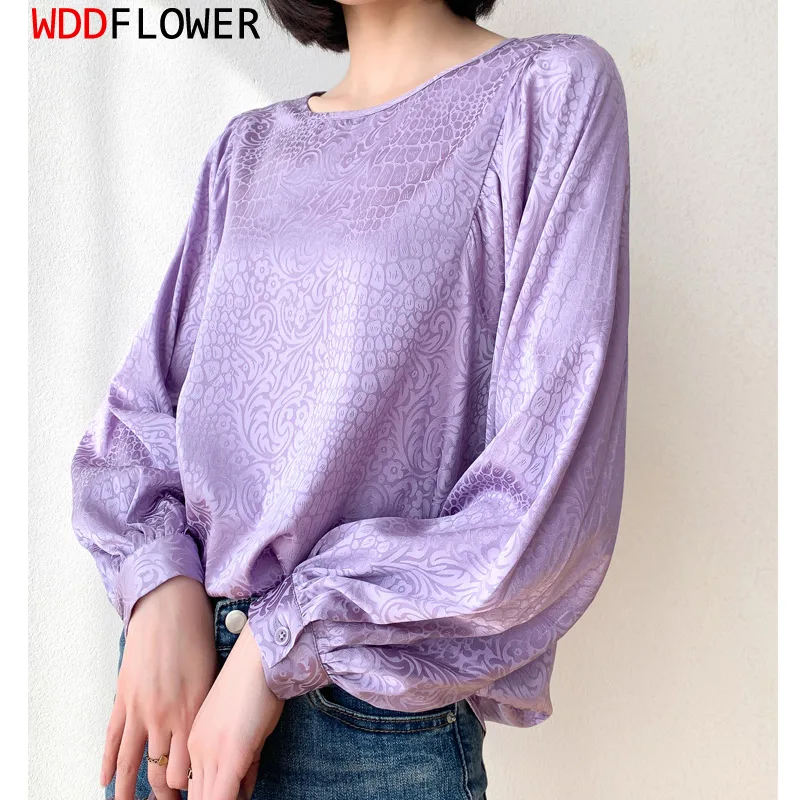 

Women 93% Mulberry Silk 7% Spandex 20 momme Jacquard Round Neck Puff long sleeve shirt Top Blouse office work More Color MM403