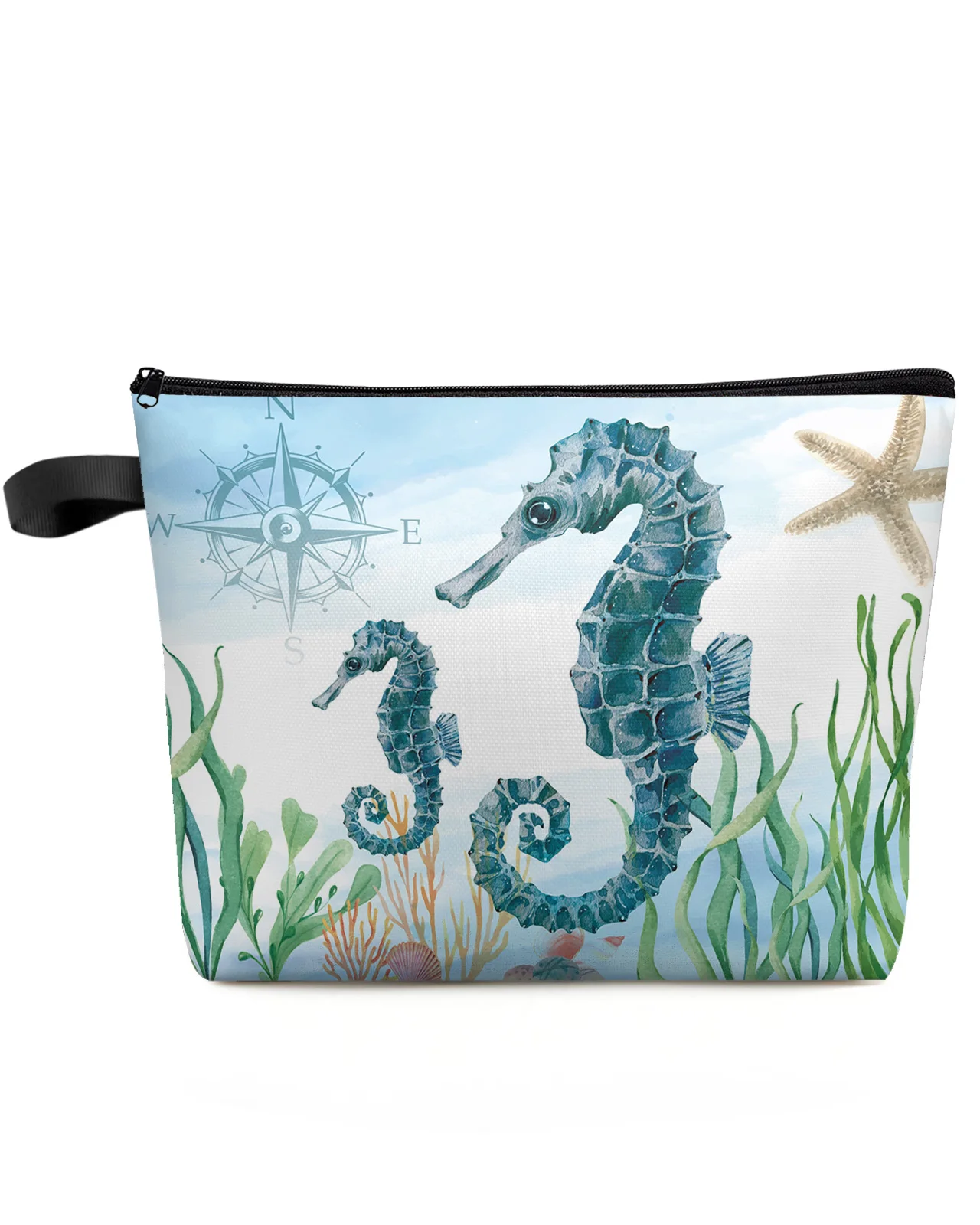 

Marine Animal Hippocampus Seaweed Compass Makeup Bag Pouch Travel Essentials Women Cosmetic Bags Organizer Storage Pencil Case