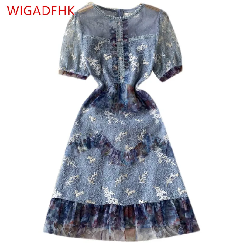 

French High-end Lace Dress 2022 Summer New Slim Fit Slim Puff Sleeves Elegant Party Dress A-line Miniskirti Vestidos