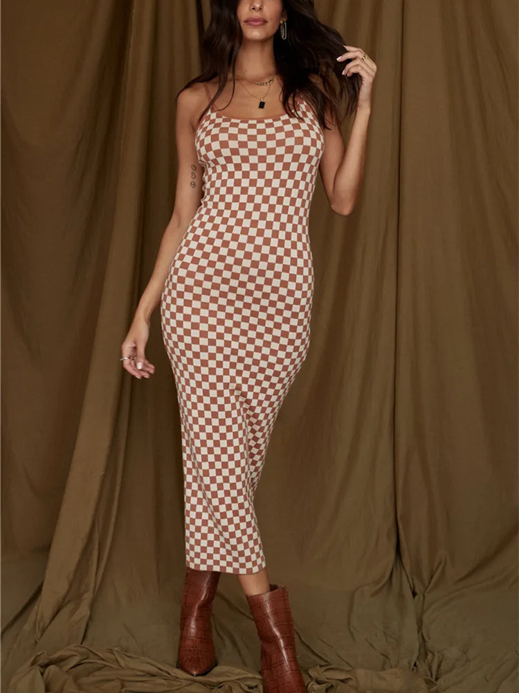 

hirigin Women Plaid Sexy Bodycon Long Dress Knitted Low Cut Spaghetti Strap Dress Sling Long Dress Party Streetwear Summer