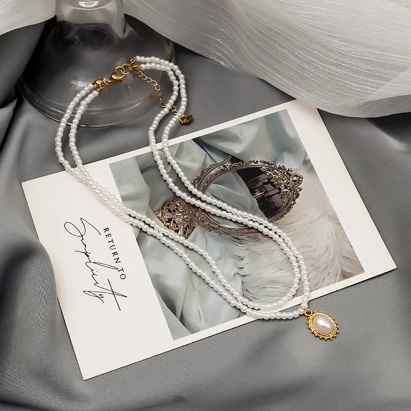 

U-Magical Temperament Double Layer Faux Pearl Beaded Pendant Necklace for Women Fairy Oval Geometric Gold Metal Necklace Jewelry