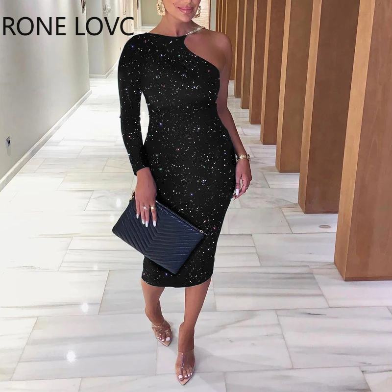 

Женские элегантные блестящие черные платья миди на одно плечо с длинными рукавами