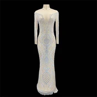 birthday dress women evening party wedding rhinestone bead drag queen outfit maxi long sleeve sparkle stage wear