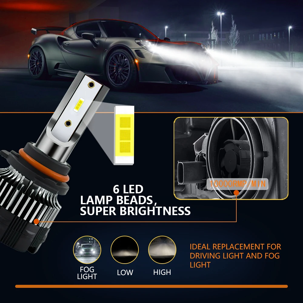 

2PCS Super Bright H4 Car LED Headlight CSP Chips H1 H11 H7 9005 9006 White/Amber Auto Fog Light 12V 100W Spotlight 6000K 5000LM