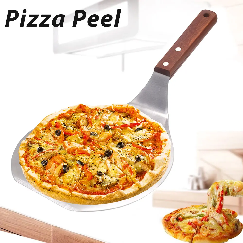 

Stainless Steel Pizza Peel Metal Round Pizza Paddle Pizza Spatula with Wood Handle Cake Lifter Transfer Tray Pizza Shovel for