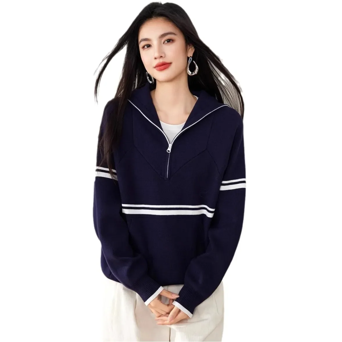 Осень/зима 2023 новый винтажный темно-синий стиль полосатый вязаный топ с