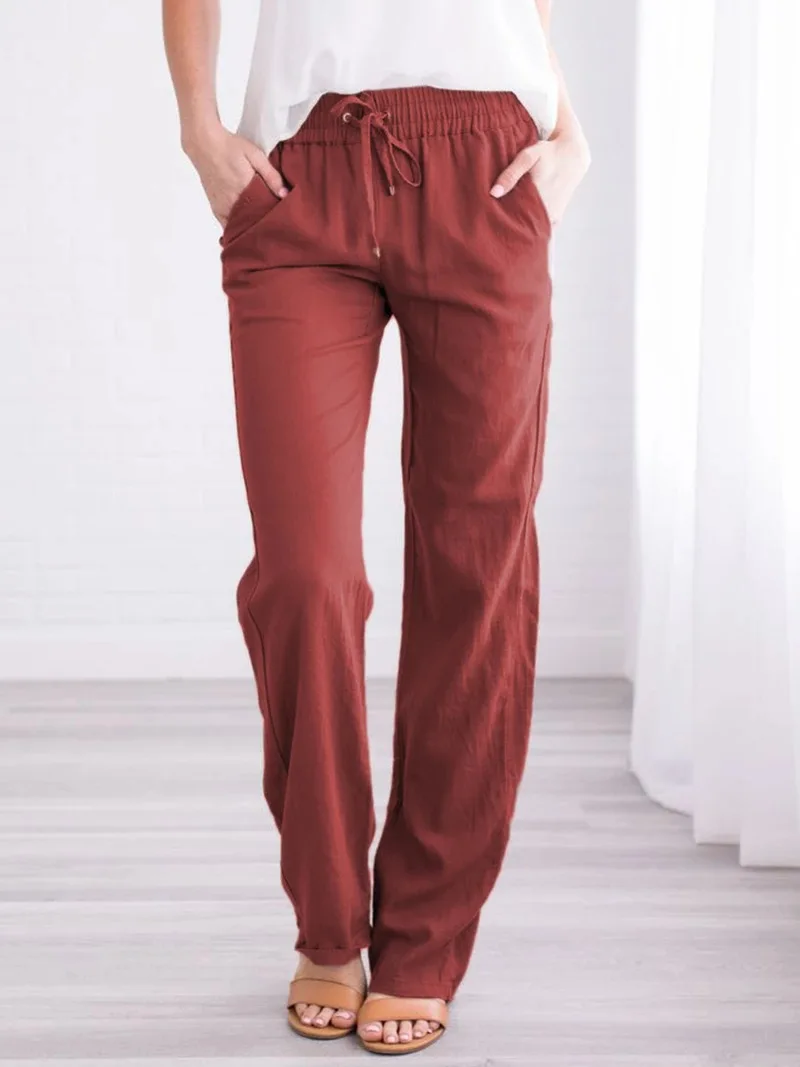 

Summer Women's Cotton Linen Drawstring Loose Wide-Leg Pants Hot Sale Long Trousers With Pocket WDC4496