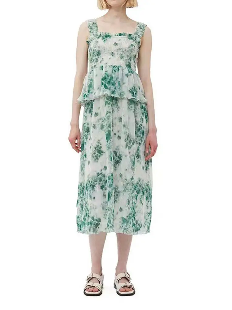 Summer 2023 Women Pleated Sleeveless Ruffles Square Collar Long Robe V-Neck Long Sleeve Fresh Mini Dress Lady Green Print Dress