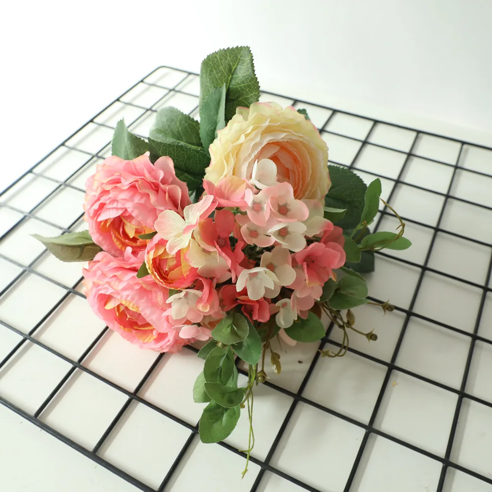 

Artificial Flowers Hydrangea Peony Hybrid Bouquet For Wedding DIY Home Decoration Fake Bridal Flore With Greens