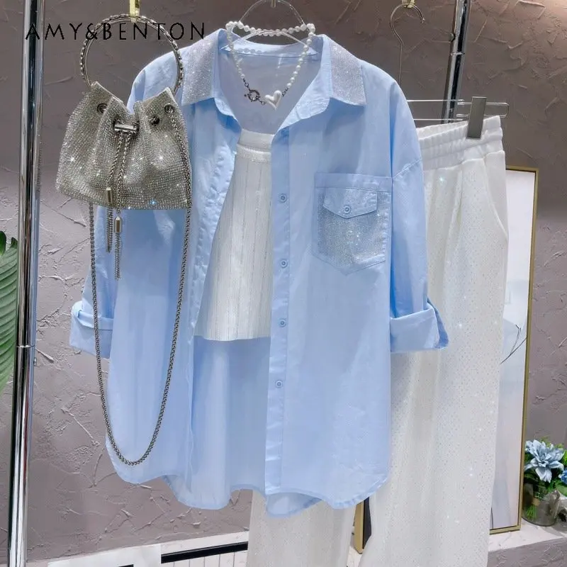 2023 Spring Summer Thin Tops Blouse New Arrivals Neckline Rhinestone Shiny Design All-Match Loose Cotton Shirt Blusas De Mujer