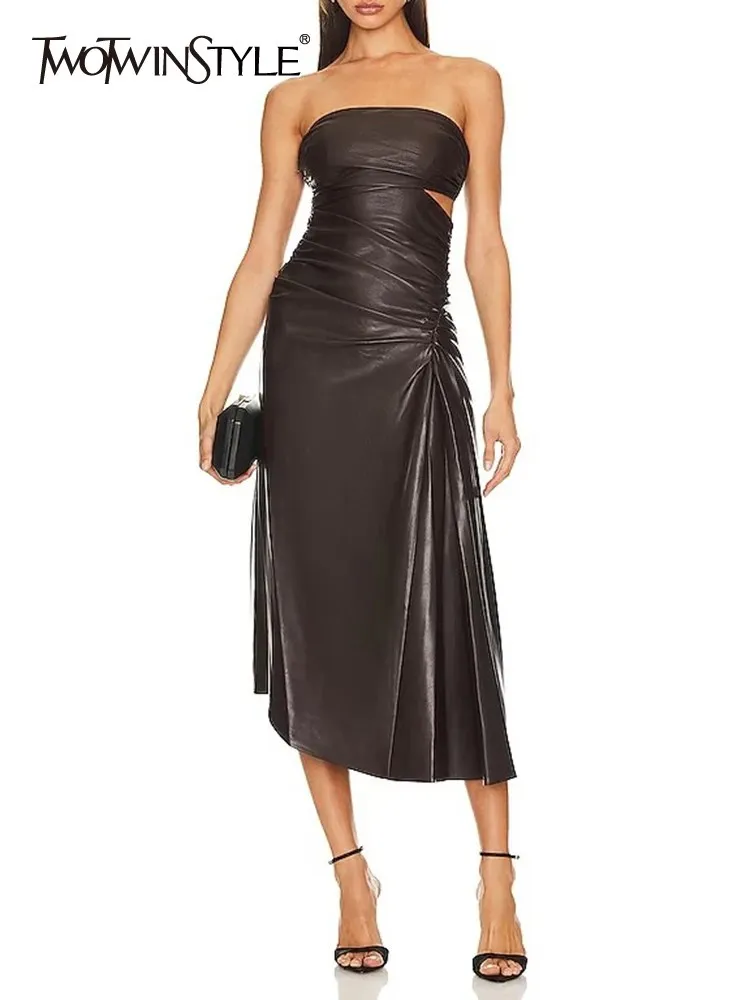 

TWOTWINSTYLE Solid Leather Dresses For Women Slash Neck Sleeveless High Waist Patchwork Folds Slimming Dress Female Fashion New