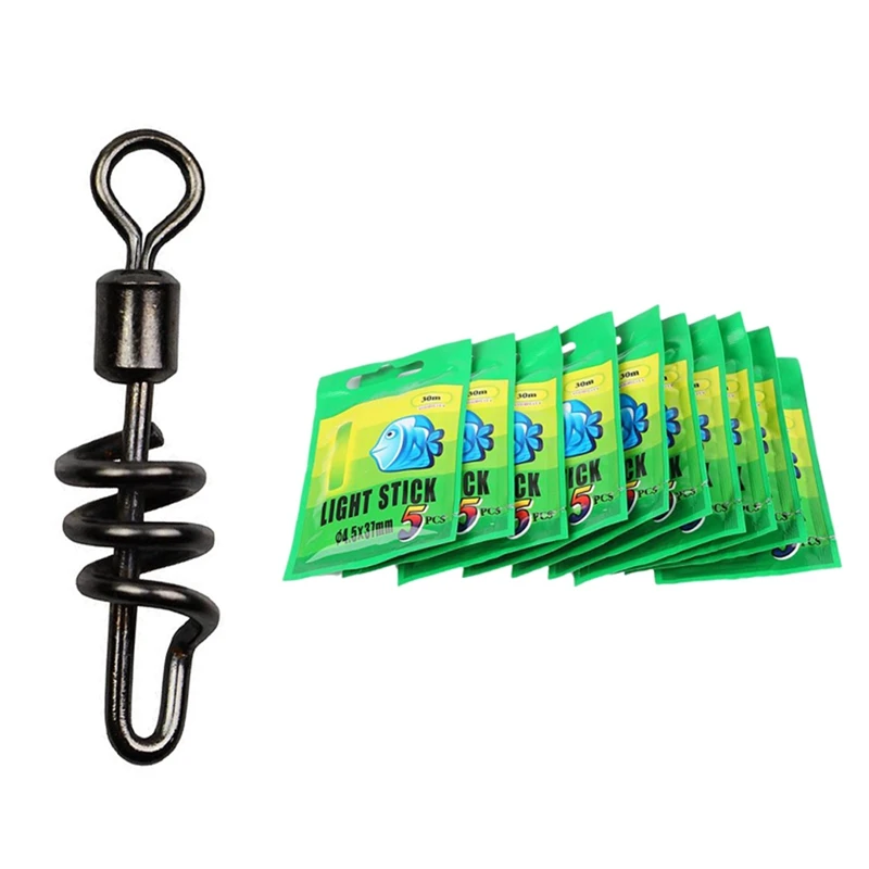 

30Pcs Corkscrew Fishing Swivel Snap Swirl Connector With 50Pcs Fishing Fluorescent Lightstick Night Float Rod Lights