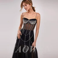 haowen sexy black crystal beading mermaid prom dresses sweetheart spaghetti strap pleated evening dress wedding party gown