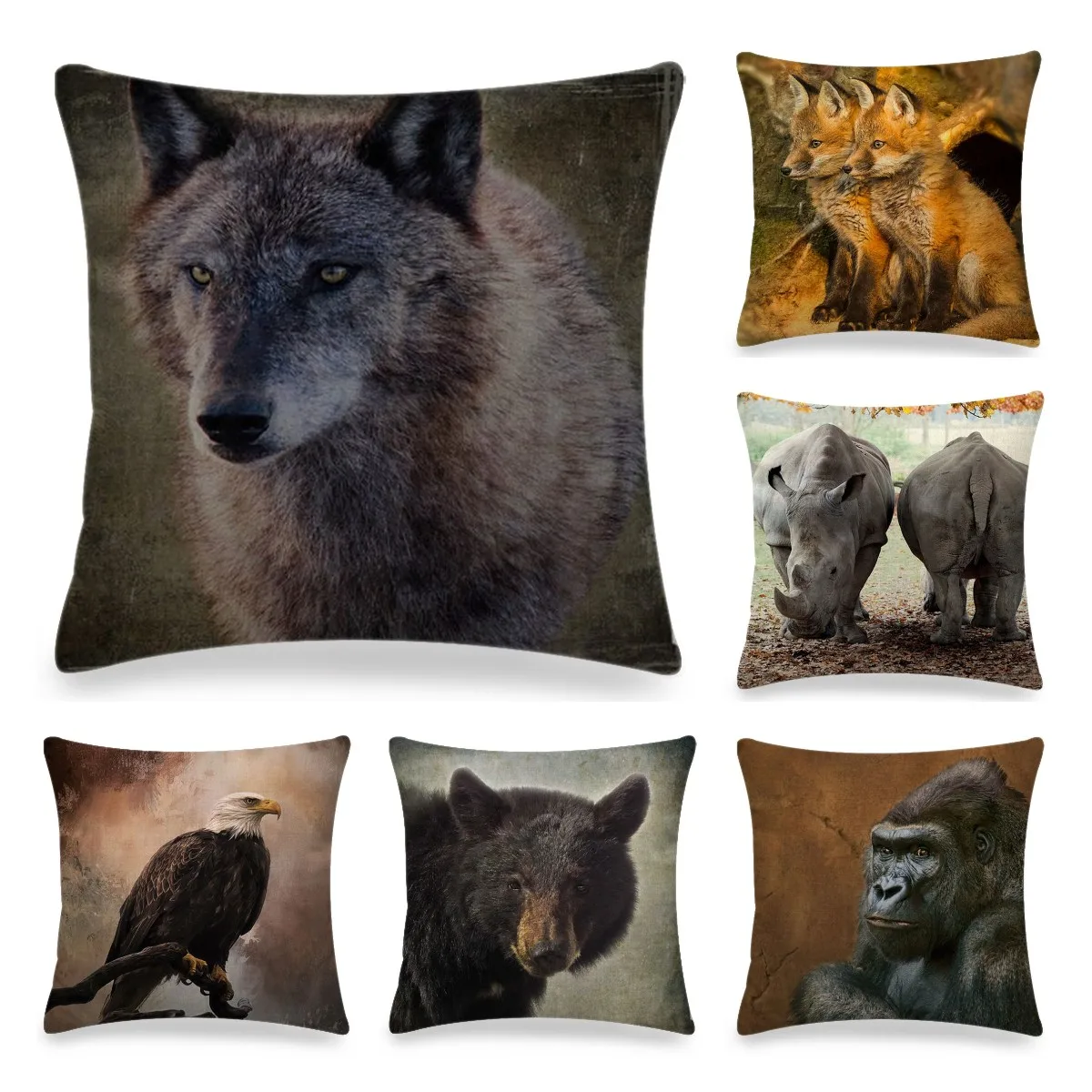 

Wild Animals Pattern Decor Cushion Cover 45x45cm Bear Eagle Fox Printed Linen Pillow Cover Home Sofa Decor Pillowcase
