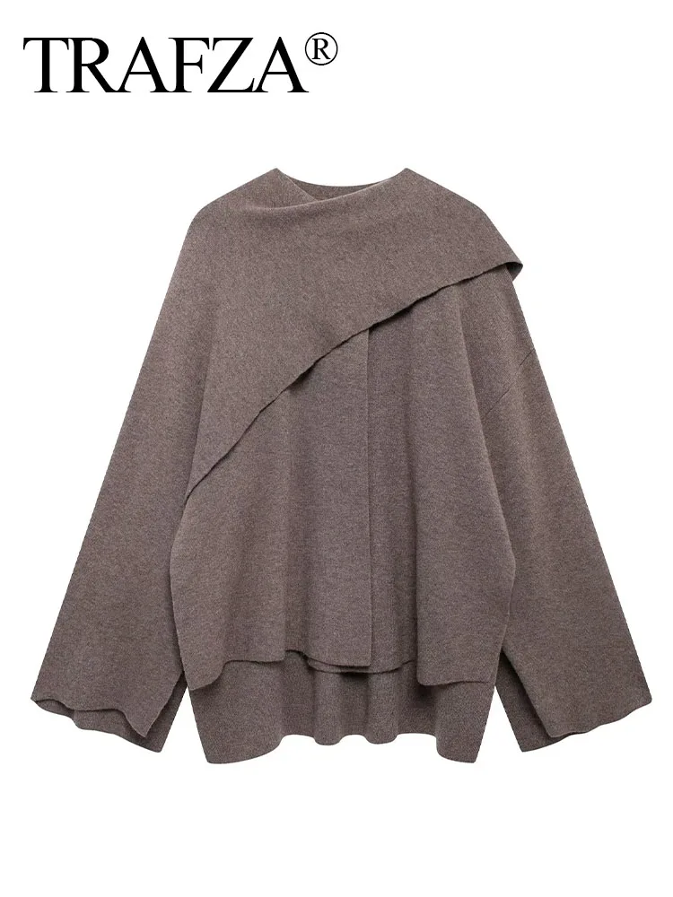 TRAFZA 2024 женские повседневные асимметричные пальто однотонное вязаное с круглым