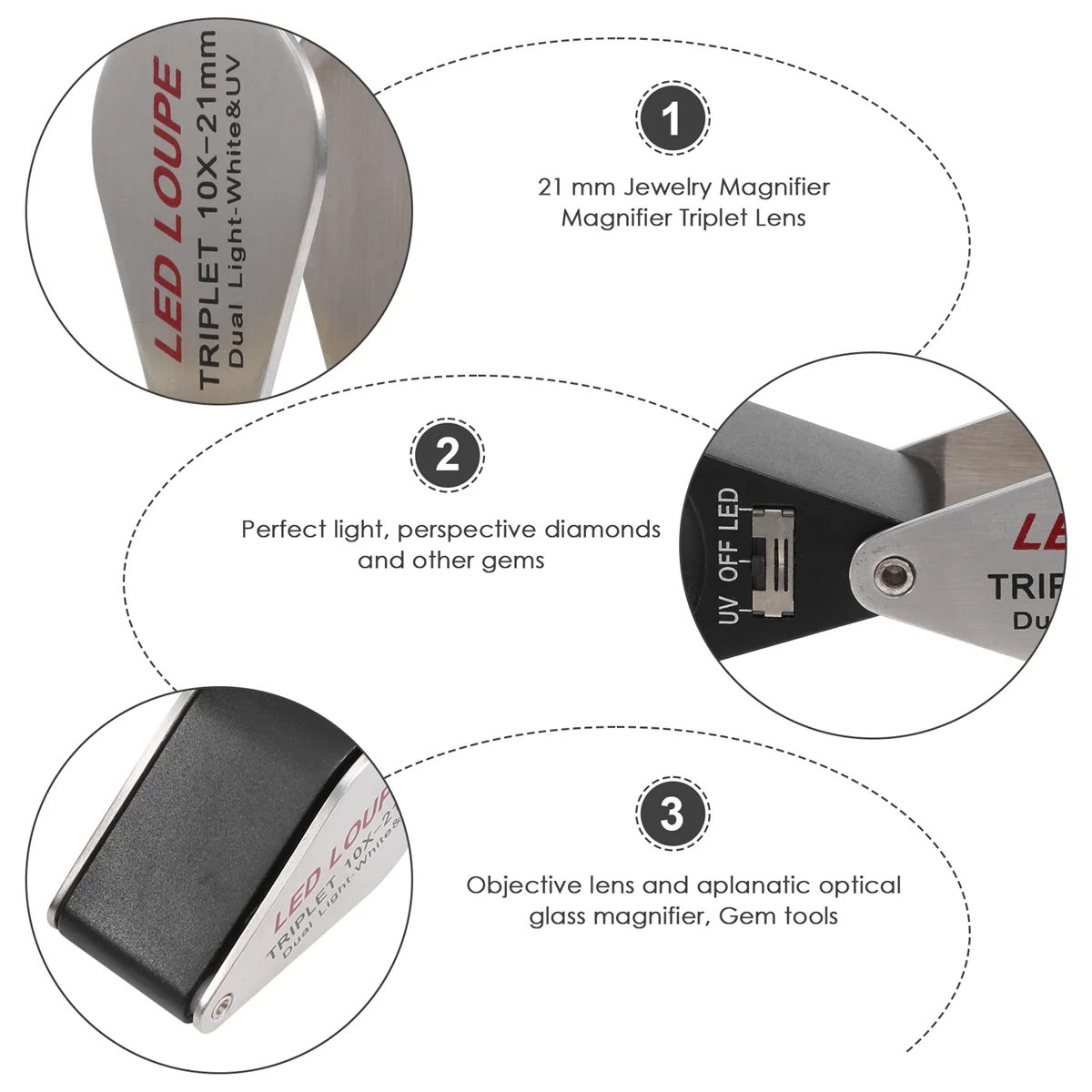 Ювелирная лупа с 10-кратным увеличением тройной линзой и 6 светодиодными