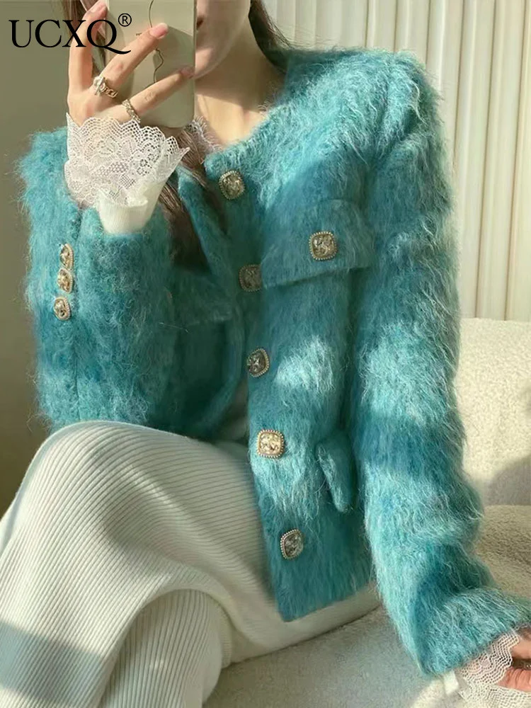 

UCXQ Socialite Temperament Blue Tweed Jacket Autumn Winter O-neck Chic Single Breasted Full Sleeve Fashion Women Coat 10AB3826