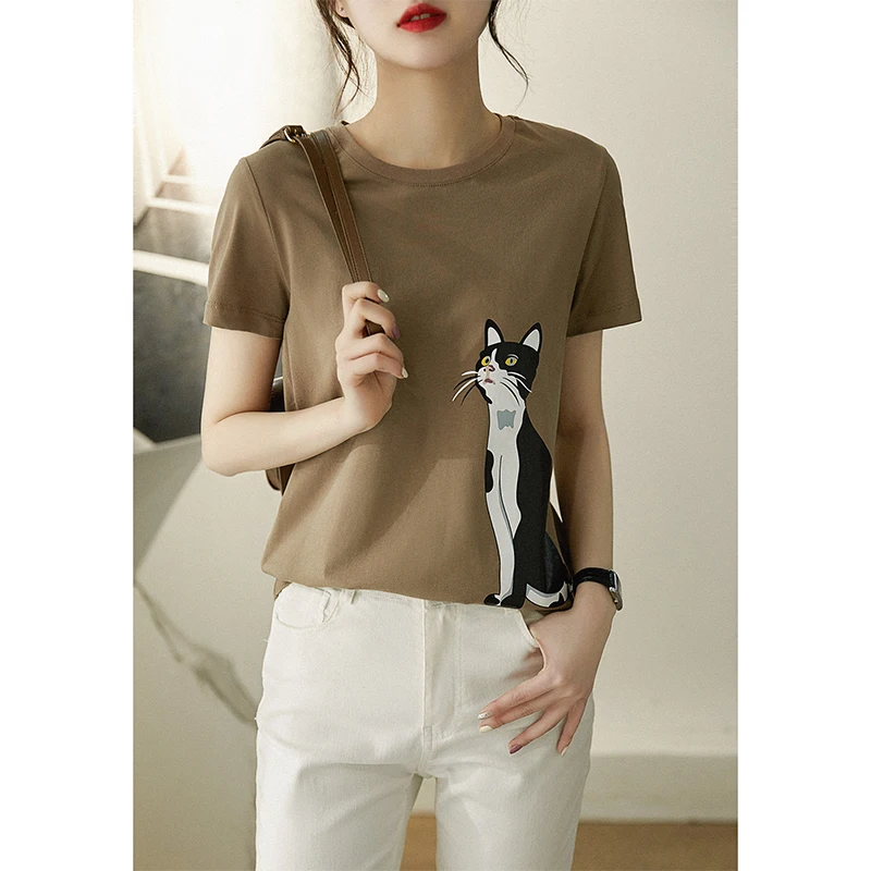

2022 New Women Cat Print Short Sleeved T-Shirt Female Summer Elegant Khaki Tees Pure Cotton Loose Casual Plus Size Tops