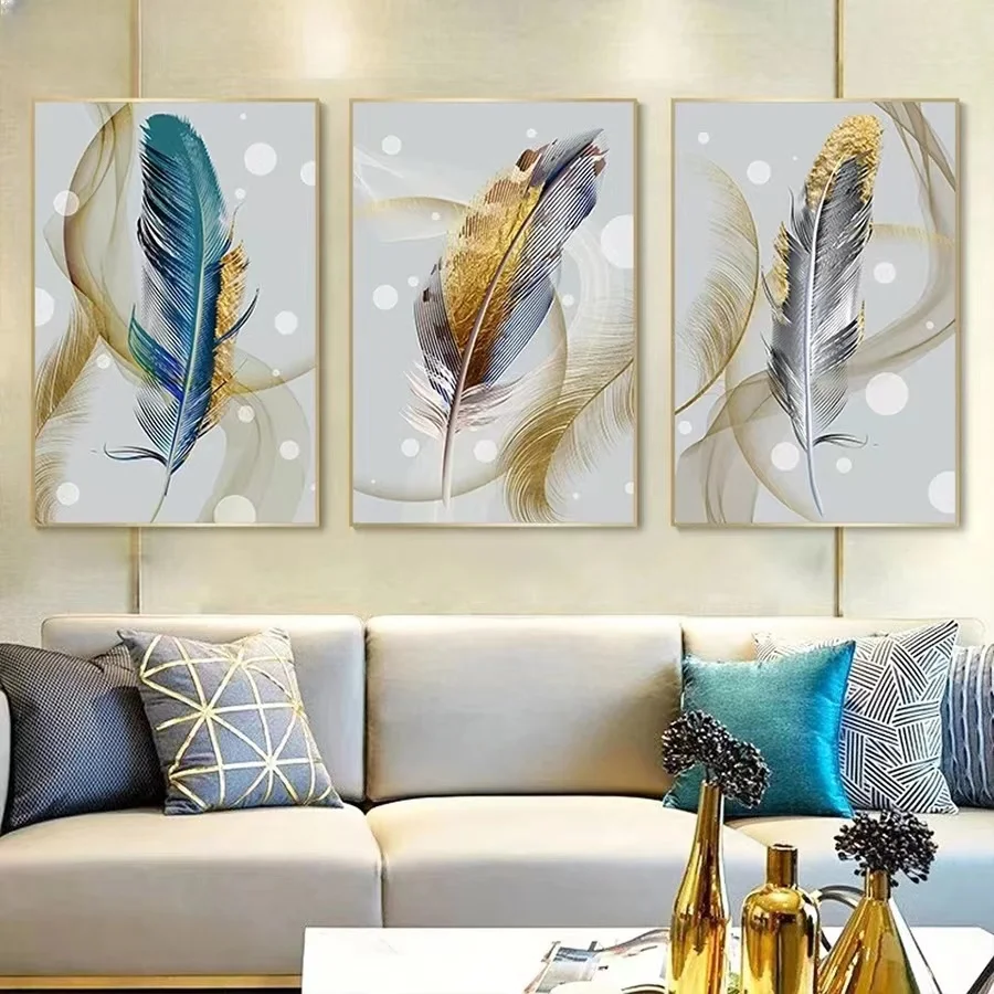 

Triptych Gold Ribbon Feather Diamond Mosaic Cross Stitch Embroidery Kit Diy Modern Abstract Art Diamond Painting Home Decor Gift