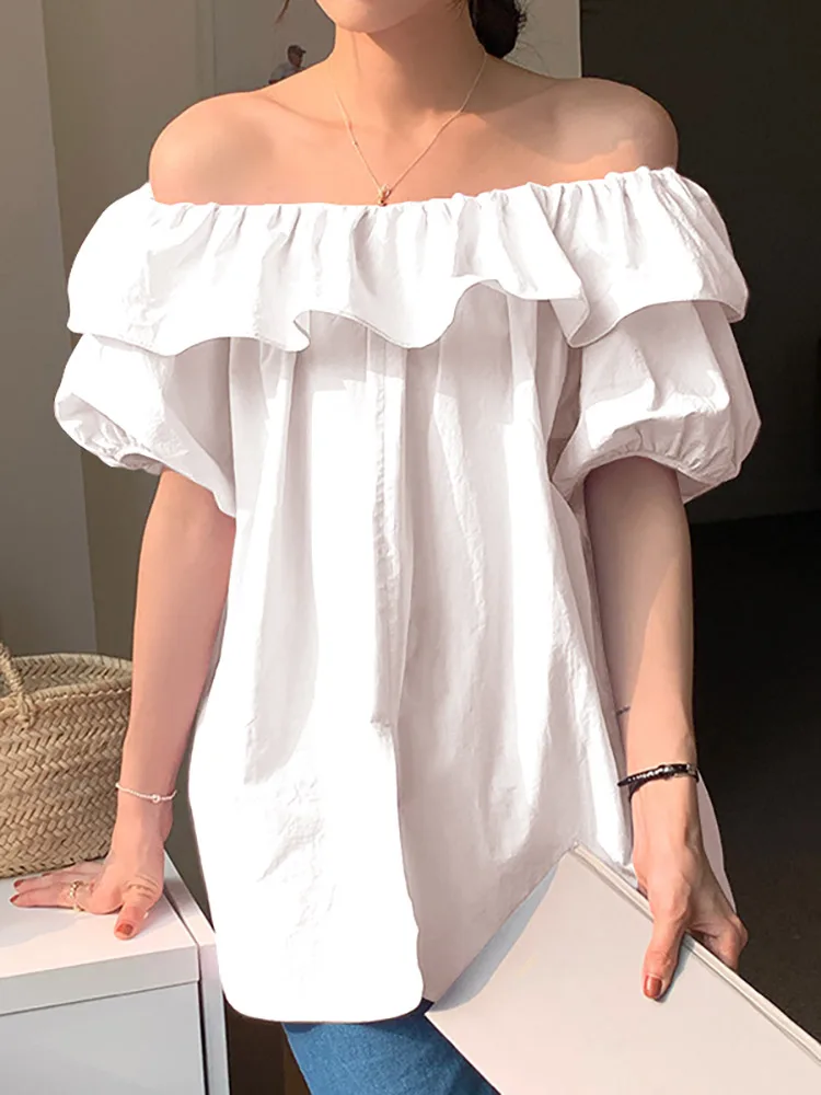 

VONDA 2022 Y2K Female Off Shoulder Pleated Blusa Tops Stylish Women Summer Chemise Short Sleeve Ruffled Blouse Shirts Femininas